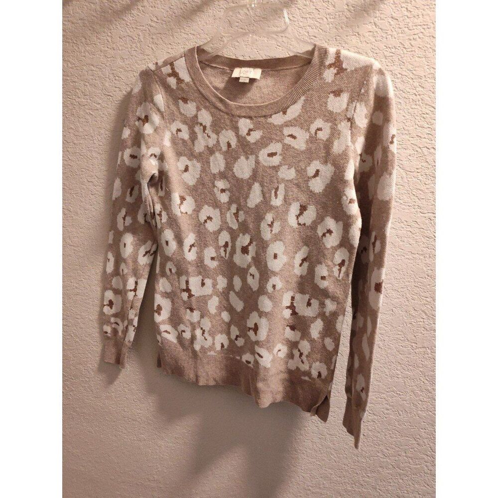 Loft Outlet Leopard Cheetah V-Neck Sweater Cream & Tan Women's XS X-Small